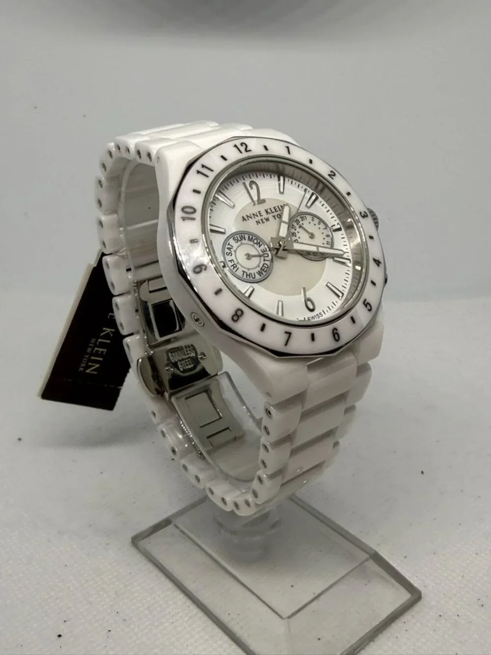 Anne Klein 12/1979WMWB Women's 40mm White Ceramic MOP Dial Swiss Quartz Watch